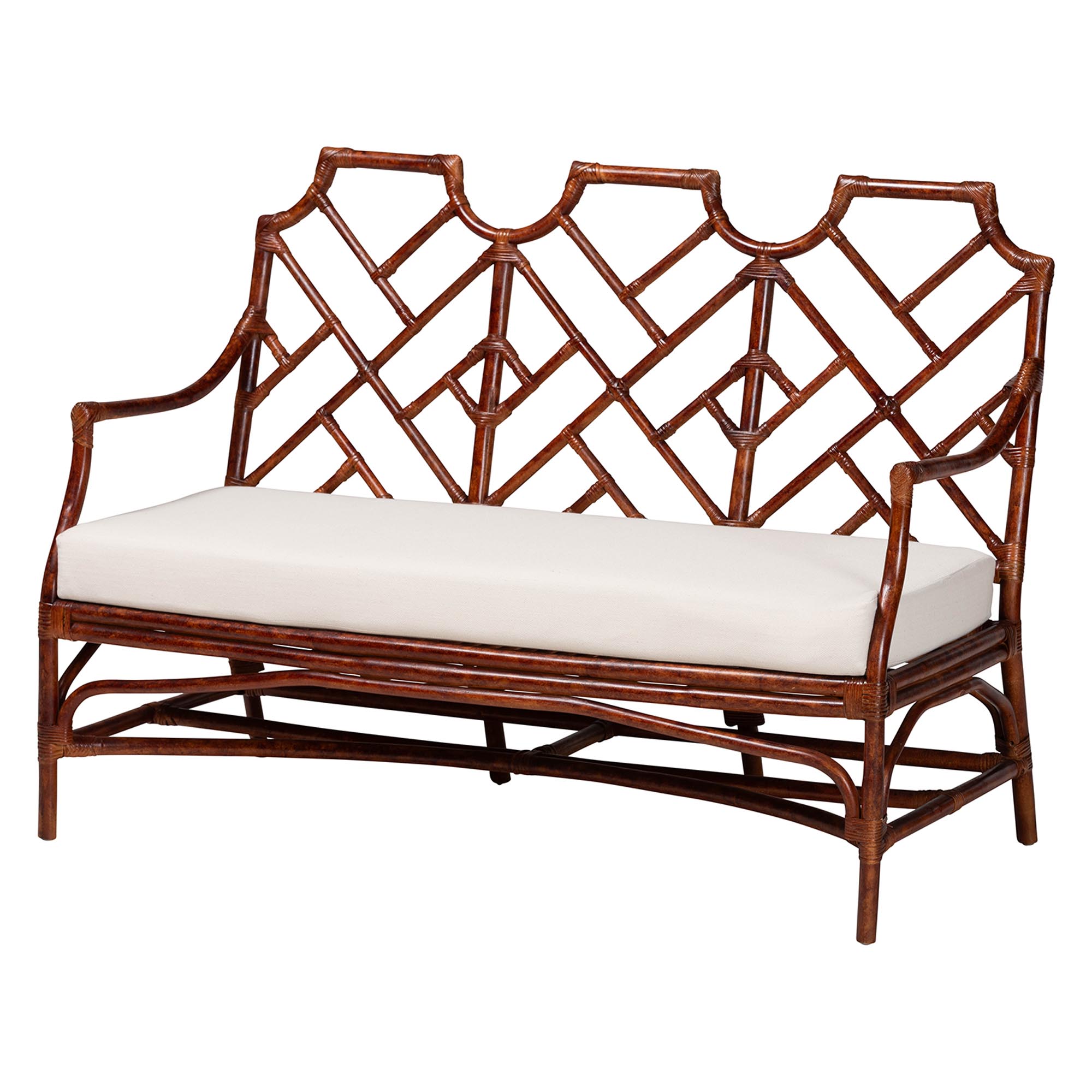 bali & pari Aella Marbled Tortoise Natural Rattan Loveseat Bench with Cushion - Handcrafted Boho Style Settee with Open Back and Curved Arms for Living Room, Entryway or Sunroom