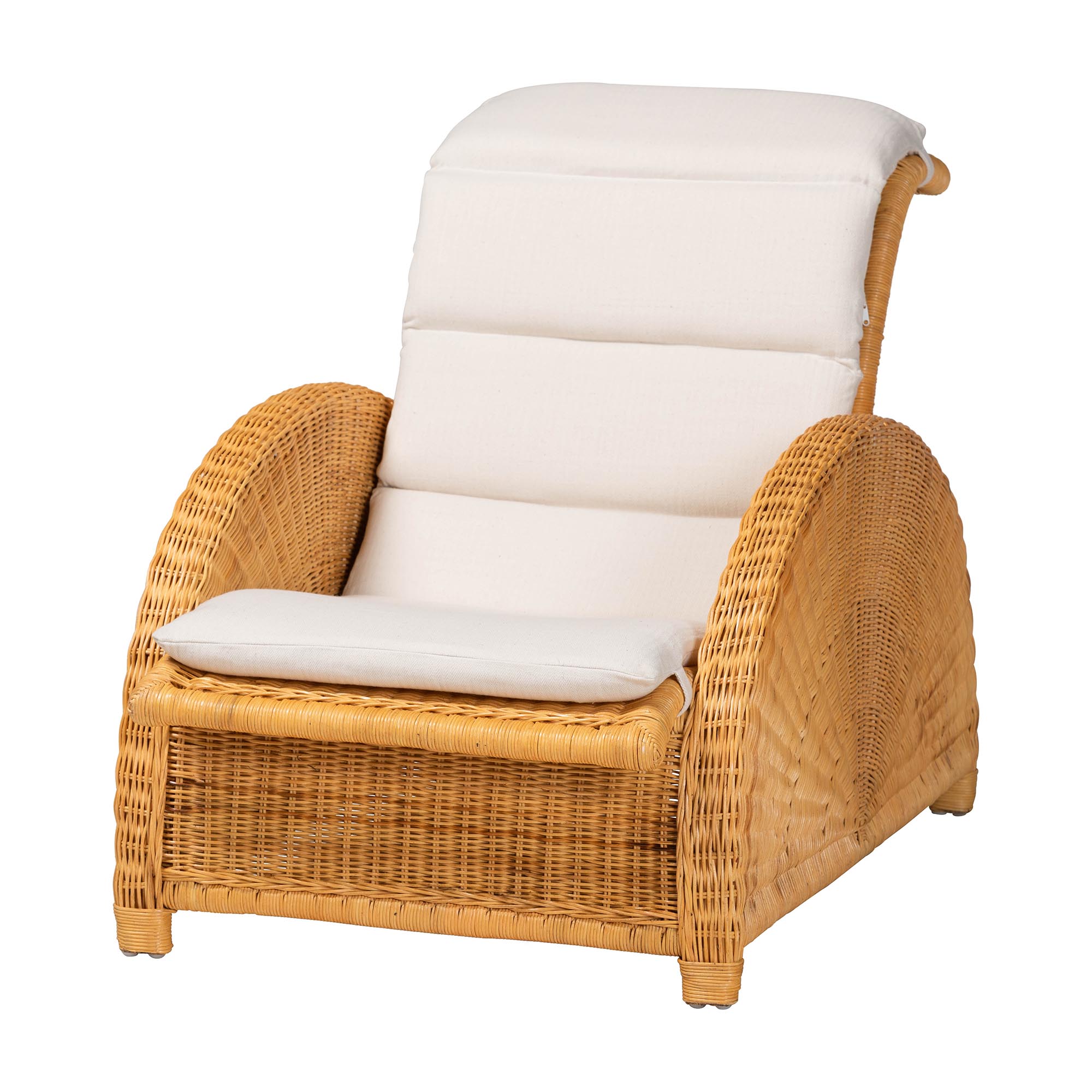 bali & pari Aries Natural Rattan Chaise Lounge Chair with Cushion - Handwoven Wicker Accent Lounger Rolled Backrest and Arms for Living Room or Sunroom