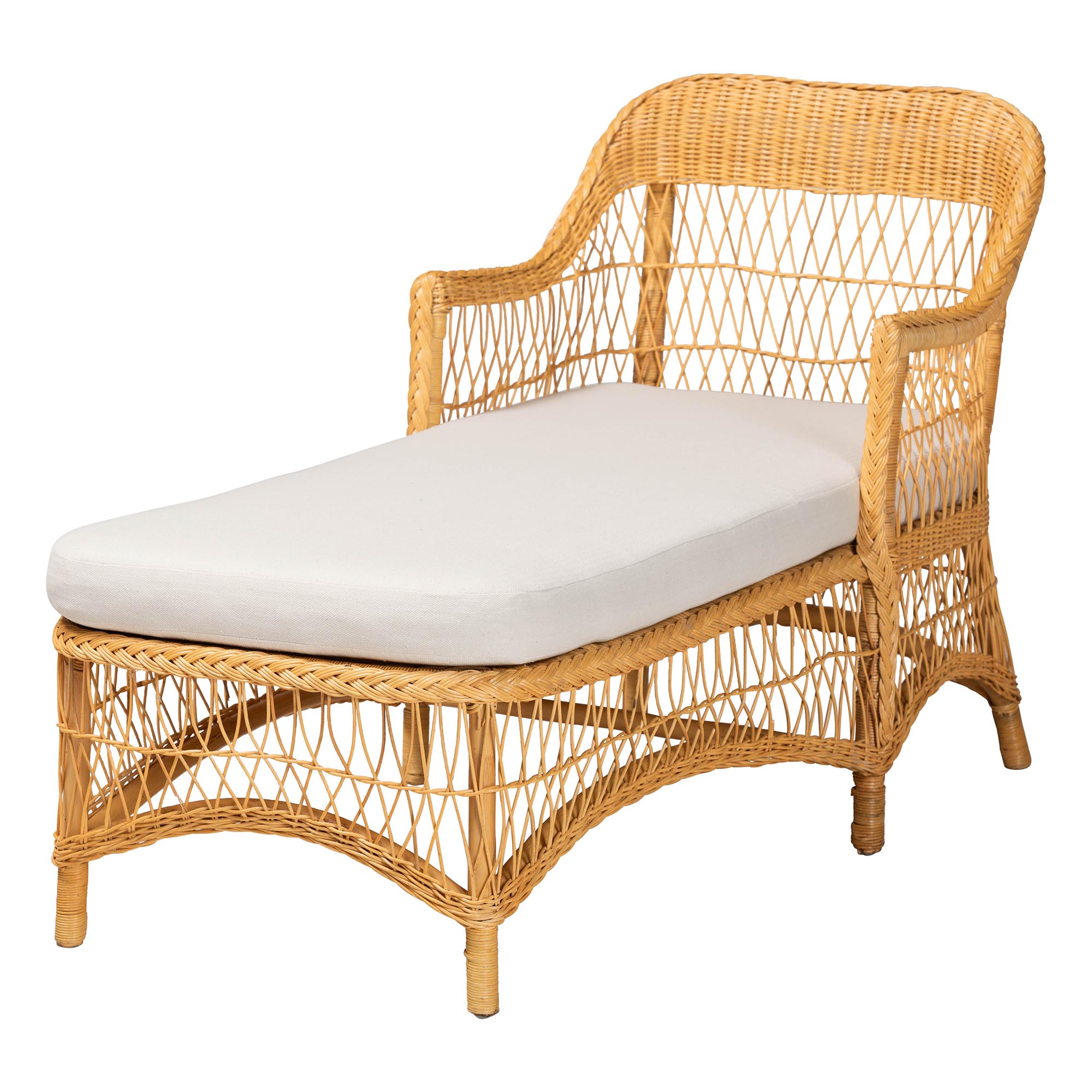 bali & pari Bruno Natural Rattan Chaise Lounge Chair with Cushion - Handwoven Wicker Accent Lounger with Rounded Backrest and Arms for Living Room, Bedroom or Sunroom