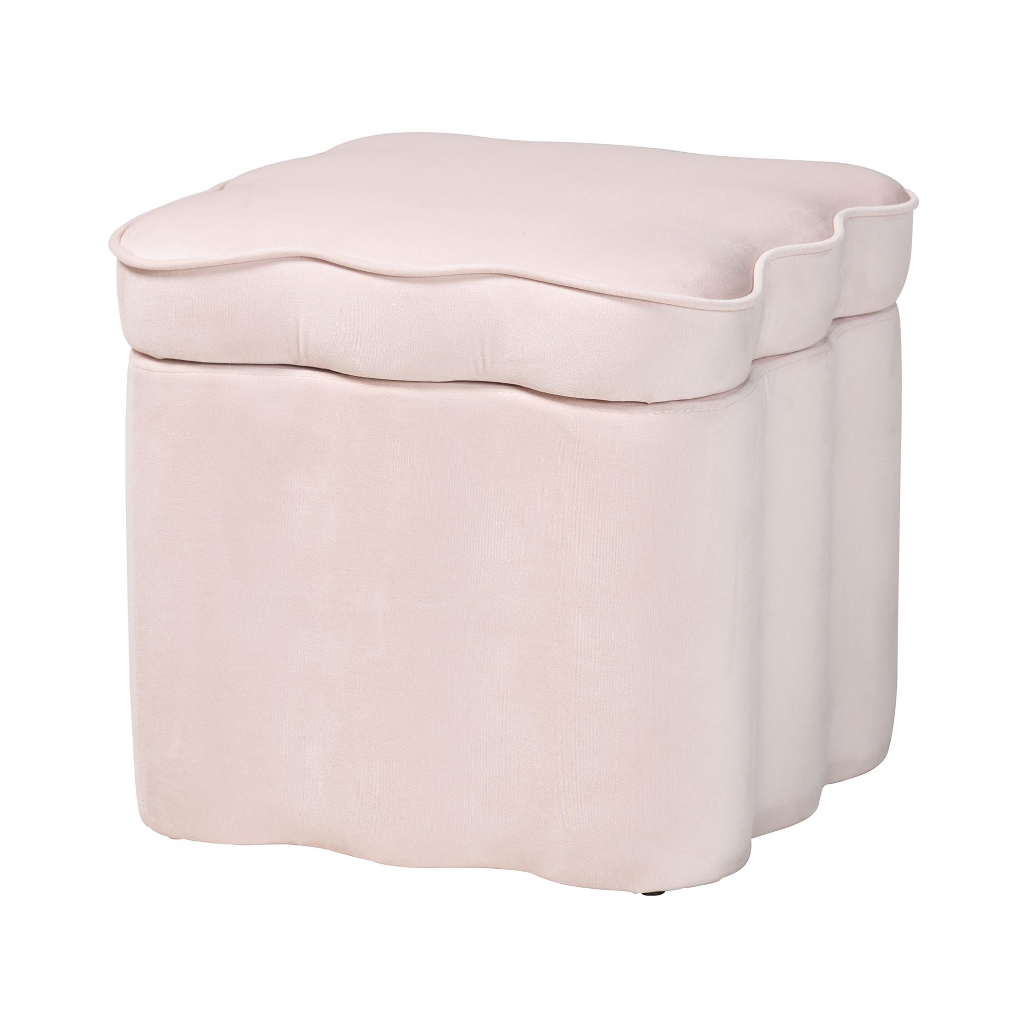 Baxton Studio Paulina Velvet Storage Ottoman - Lid Top Accent Stool with Interior Storage and Scalloped Outline for Bedroom or Living Room, Light Pink