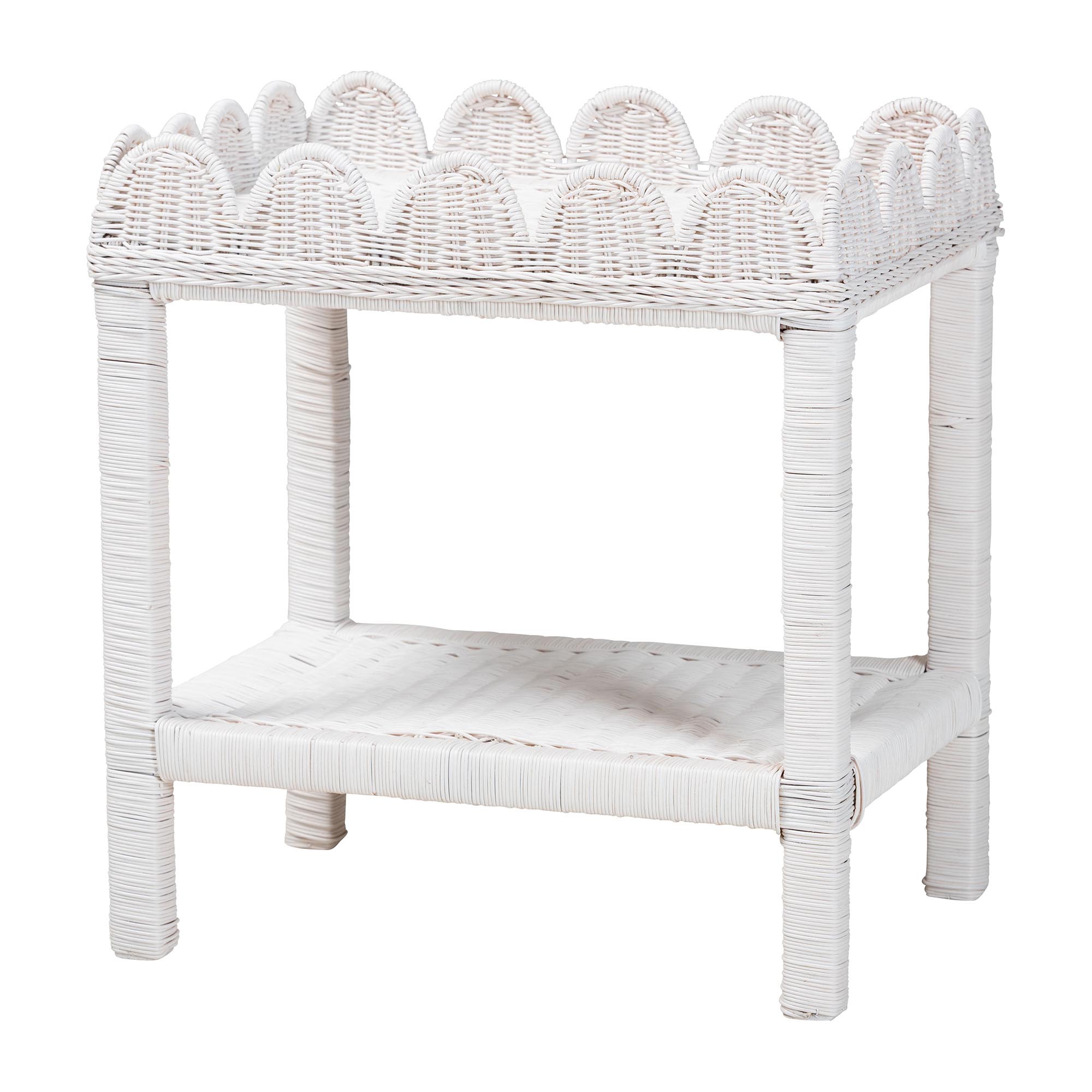 bali & pari Sumana Natural Rattan Side Table - Handwoven Wicker 2-Tier Accent End Table with Scalloped Tray Top for Living Room, White