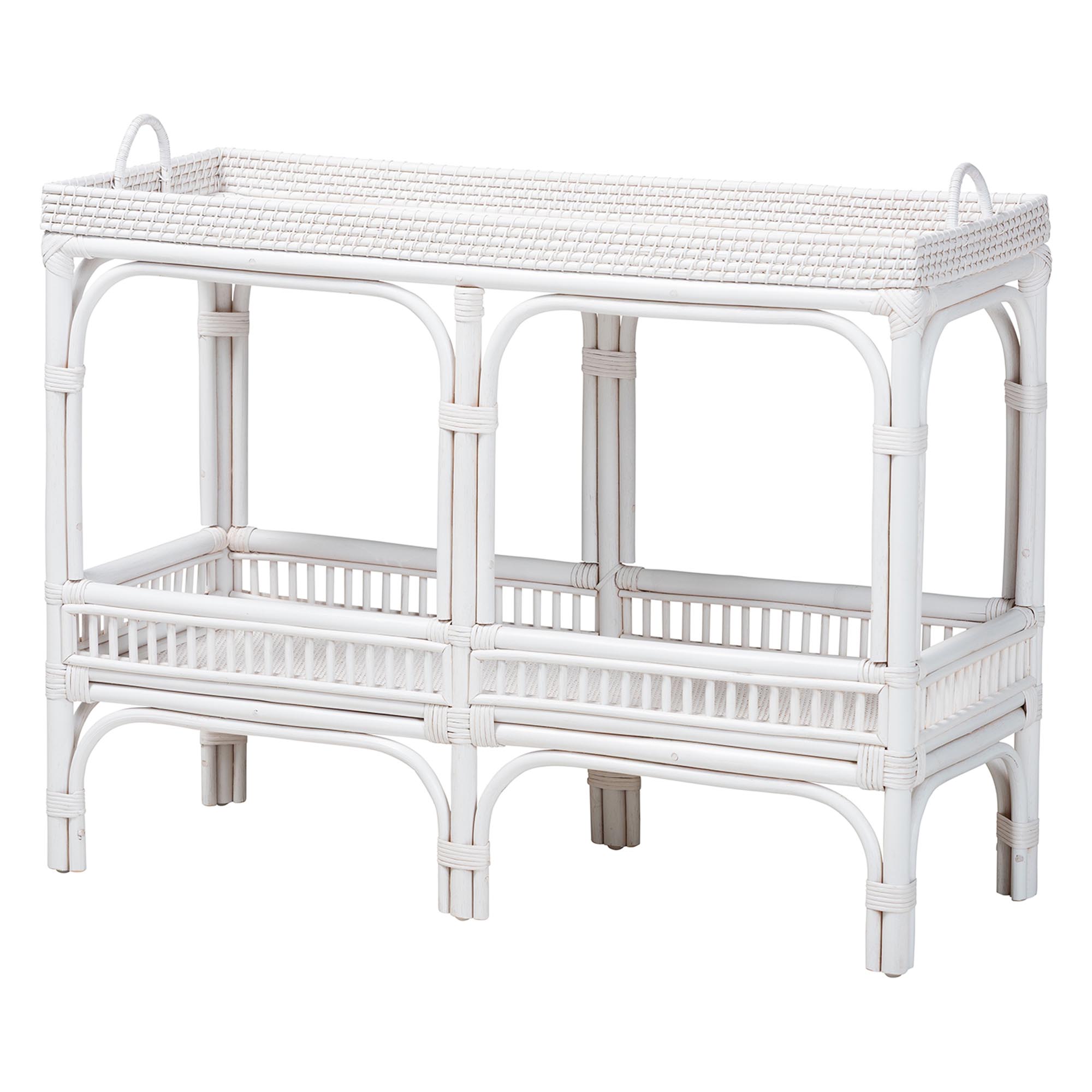 bali & pari Lombok Natural Rattan Console Table - Handwoven Wicker 2-Tier Accent Table with Raised Tray Top for Living Room or Entryway, White