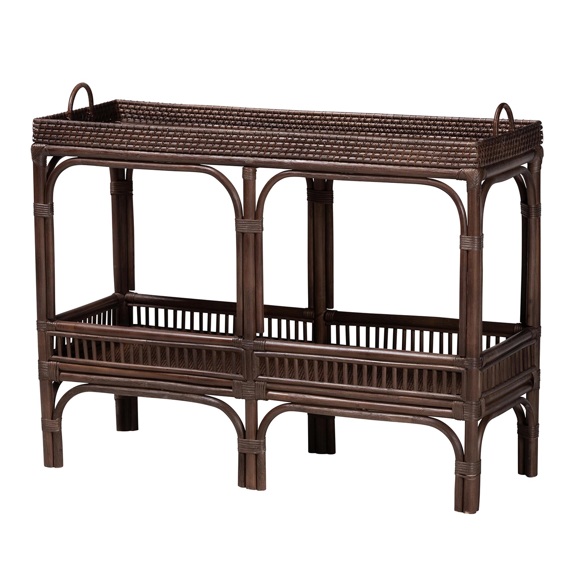 bali & pari Lombok Natural Rattan Console Table - Handwoven Wicker 2-Tier Accent Table with Raised Tray Top for Living Room or Entryway, Espresso