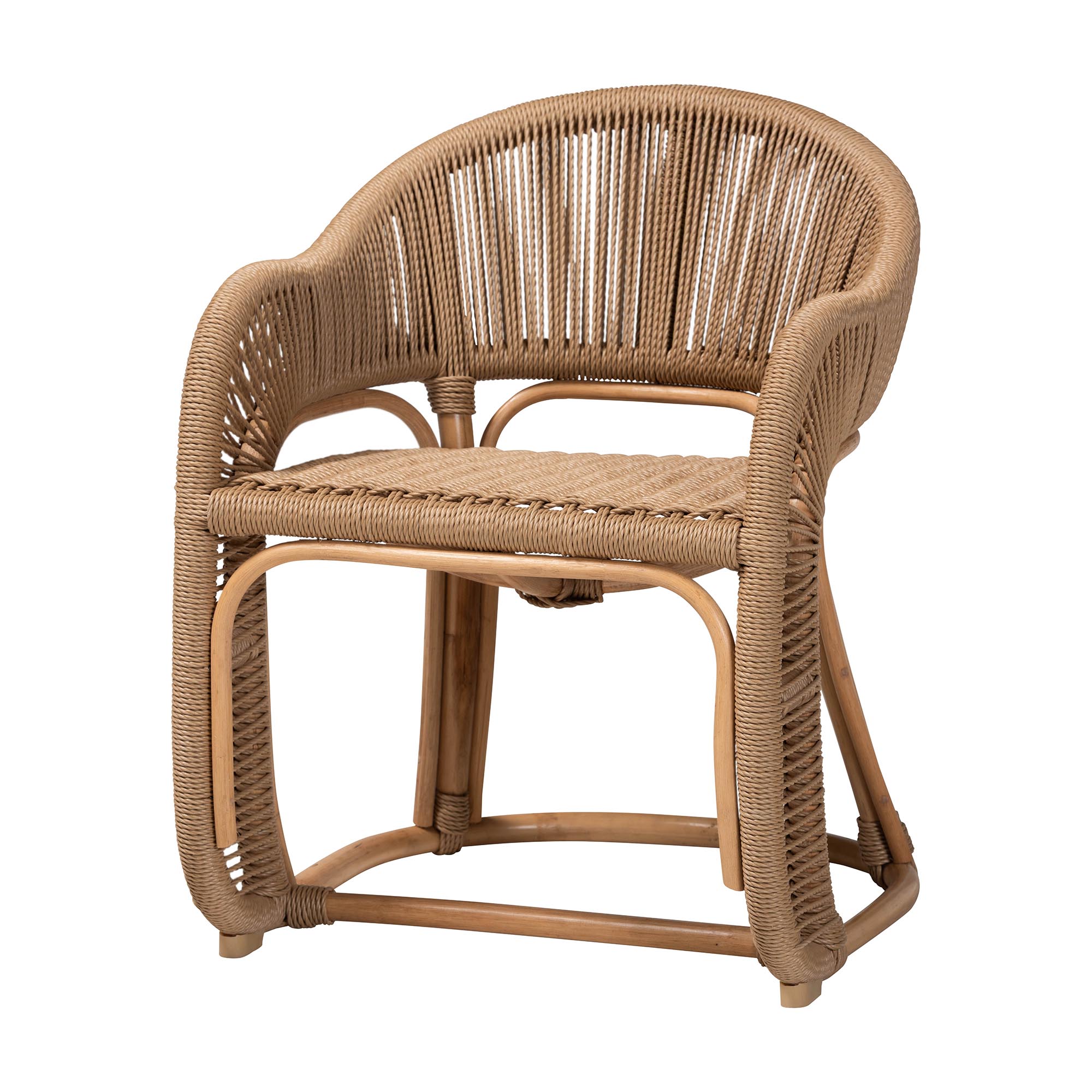 bali & pari Isra Natural Rattan Accent Chair with Handwoven Synthetic Wicker - Curved Barrel Back Lounge Chair for Coastal Living Spaces