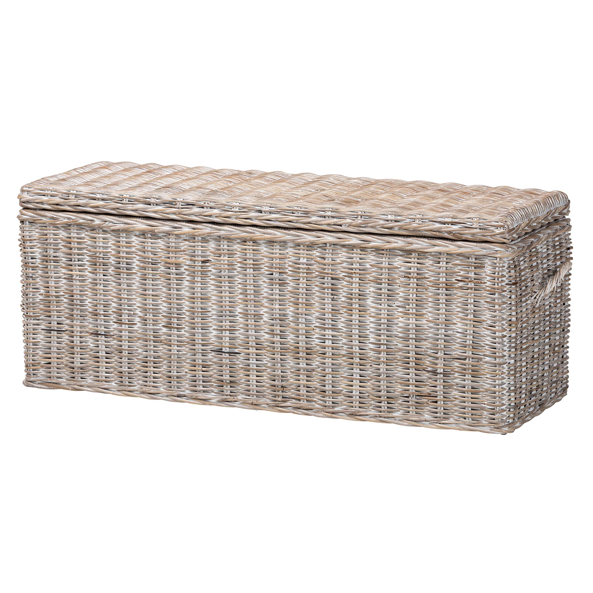 bali & pari Clarette Whitewashed Rattan Storage Bench - Handwoven Wicker Storage Trunk with Lift-Top Lid, Boho Coastal Seating for Living Room, Bedroom, or Entryway
