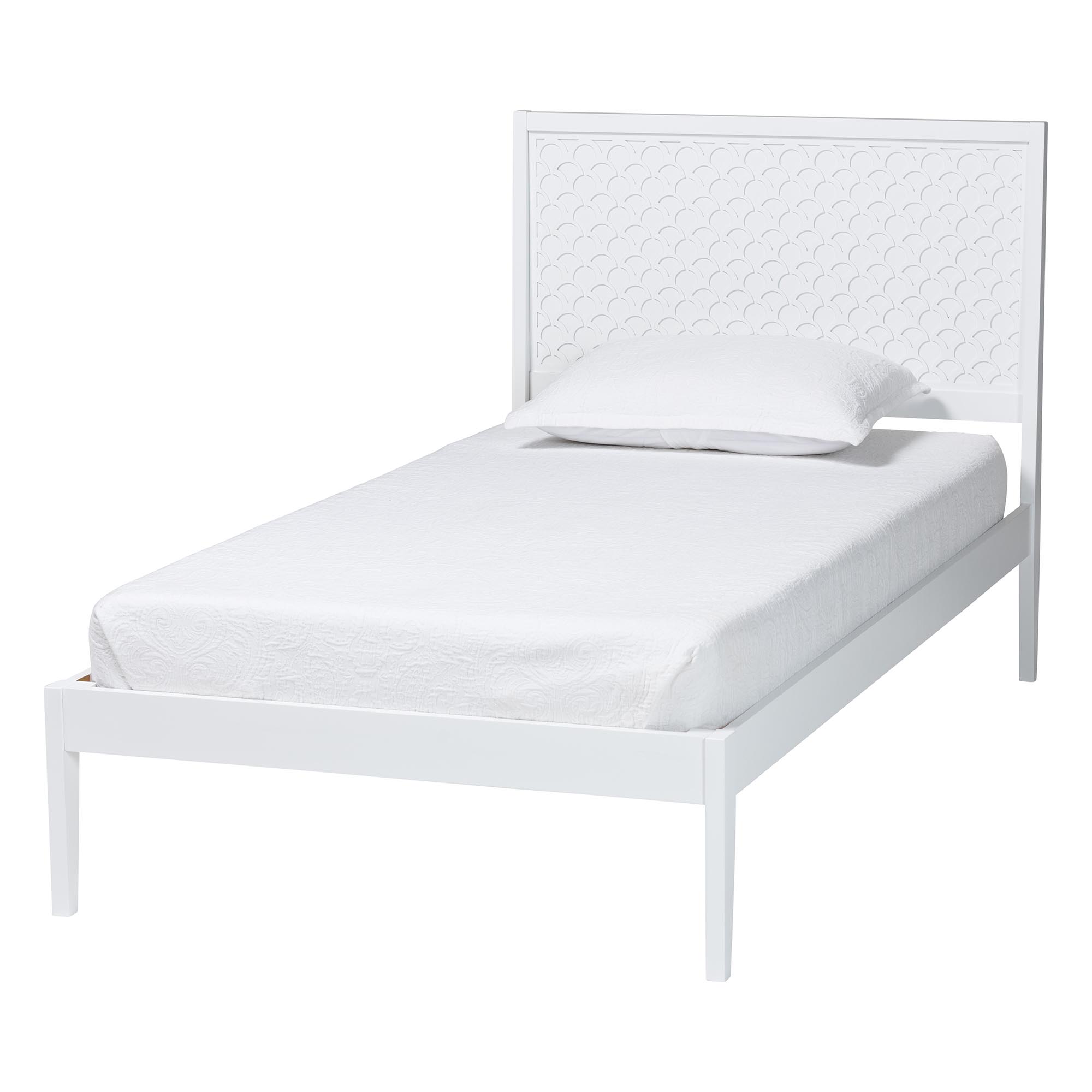 Baxton Studio Lara Twin Platform Bed - Modern Wood Bed Frame with Laser-Cut Decorative Headboard Overlay, White
