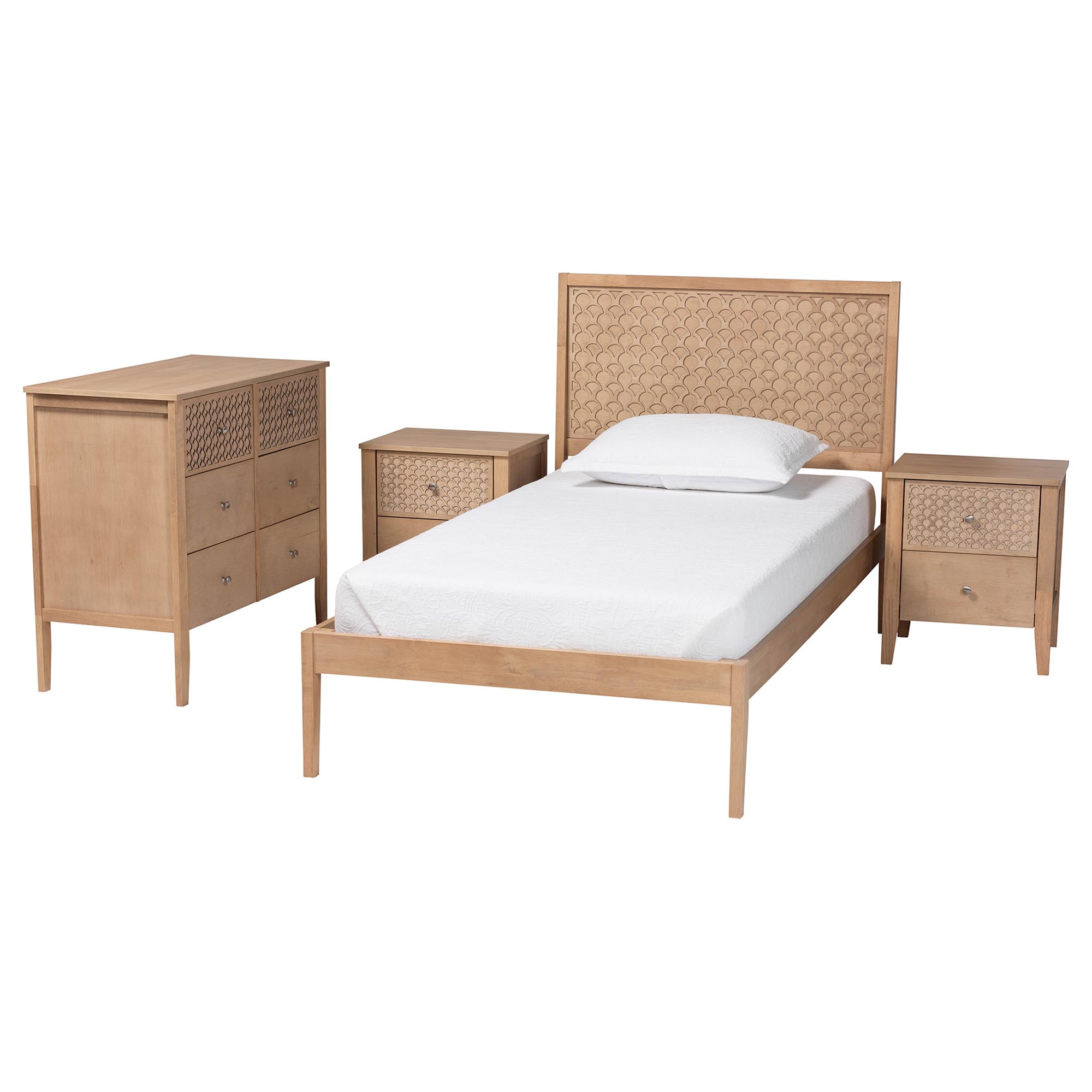 Baxton Studio Lara Twin 4-Piece Bedroom Set - Modern Wood Bed Frame with Matching Nightstands and Dresser, Decorative Laser-Cut Overlay, oak Brown