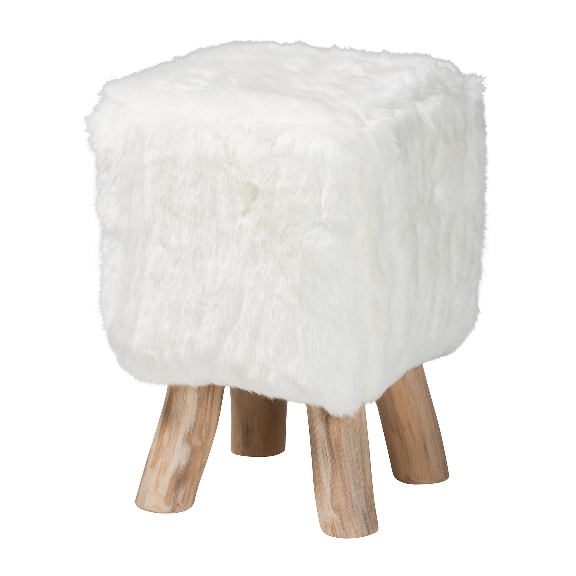 bali & pari Scotlyn Faux Fur Footstool with Teak Wood Legs - Rustic Boho Accent Seat, Handmade Decorative Footrest for Living Room or Bedroom, White