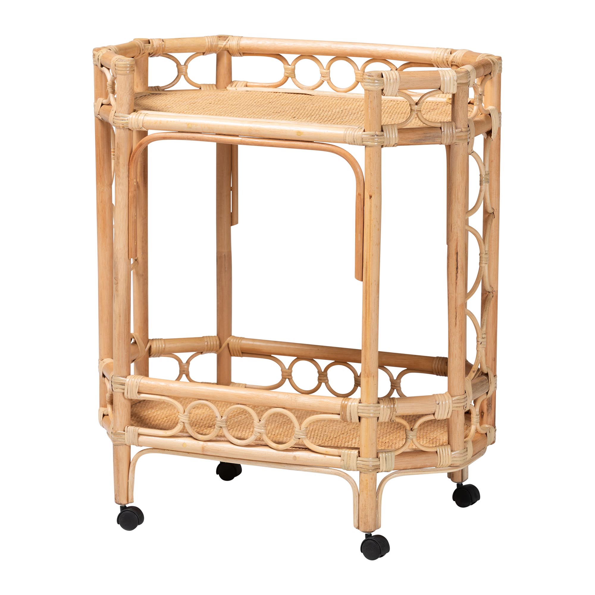 bali & pari Rene Natural Rattan Kitchen Cart - 2-Tier Handwoven Wicker Storage Trolley with Handle for Kitchen or Lounge