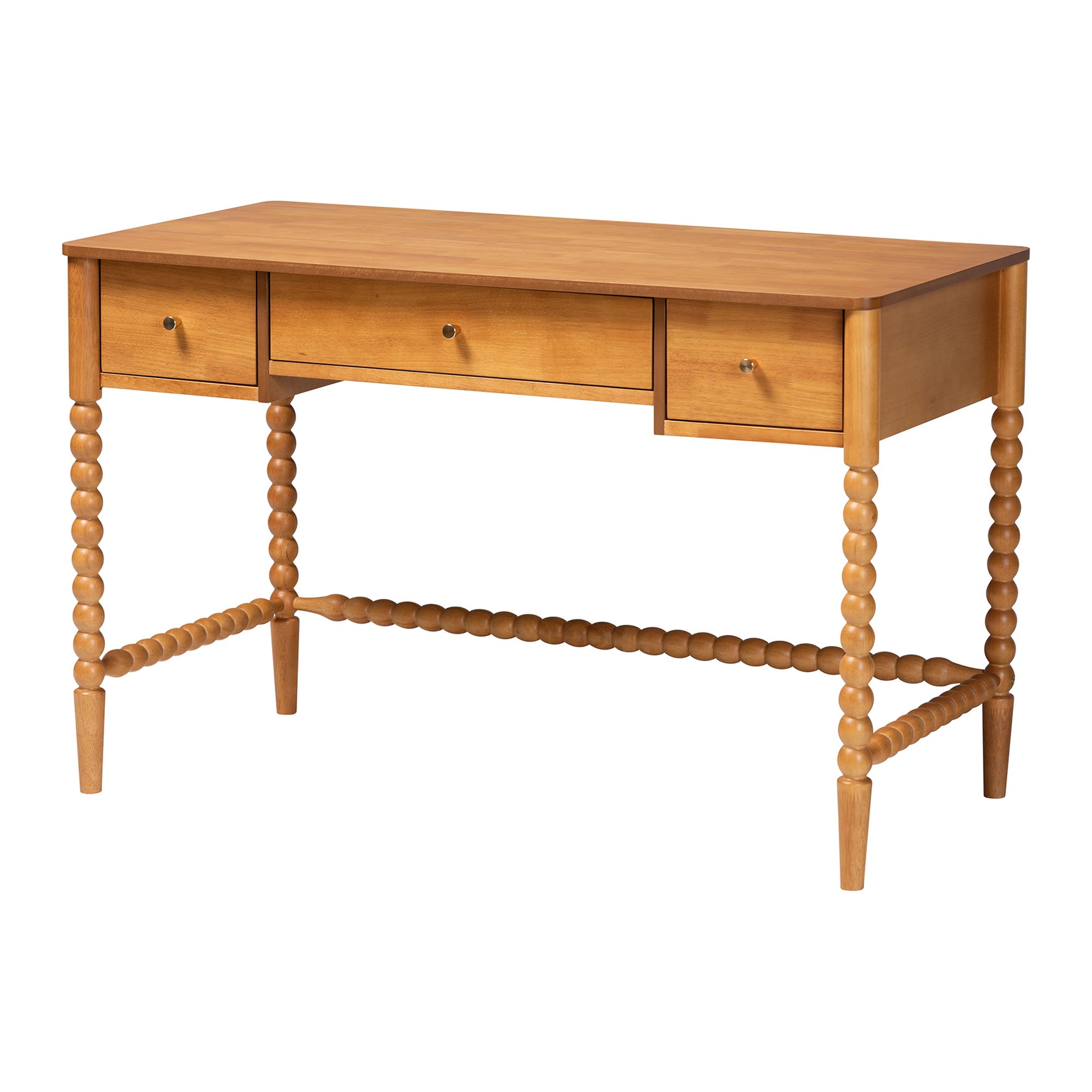 Baxton Studio Lucera Bobbin Writing Desk - 3-Drawer Home Office Desk with Spindle Frame, Oak Brown