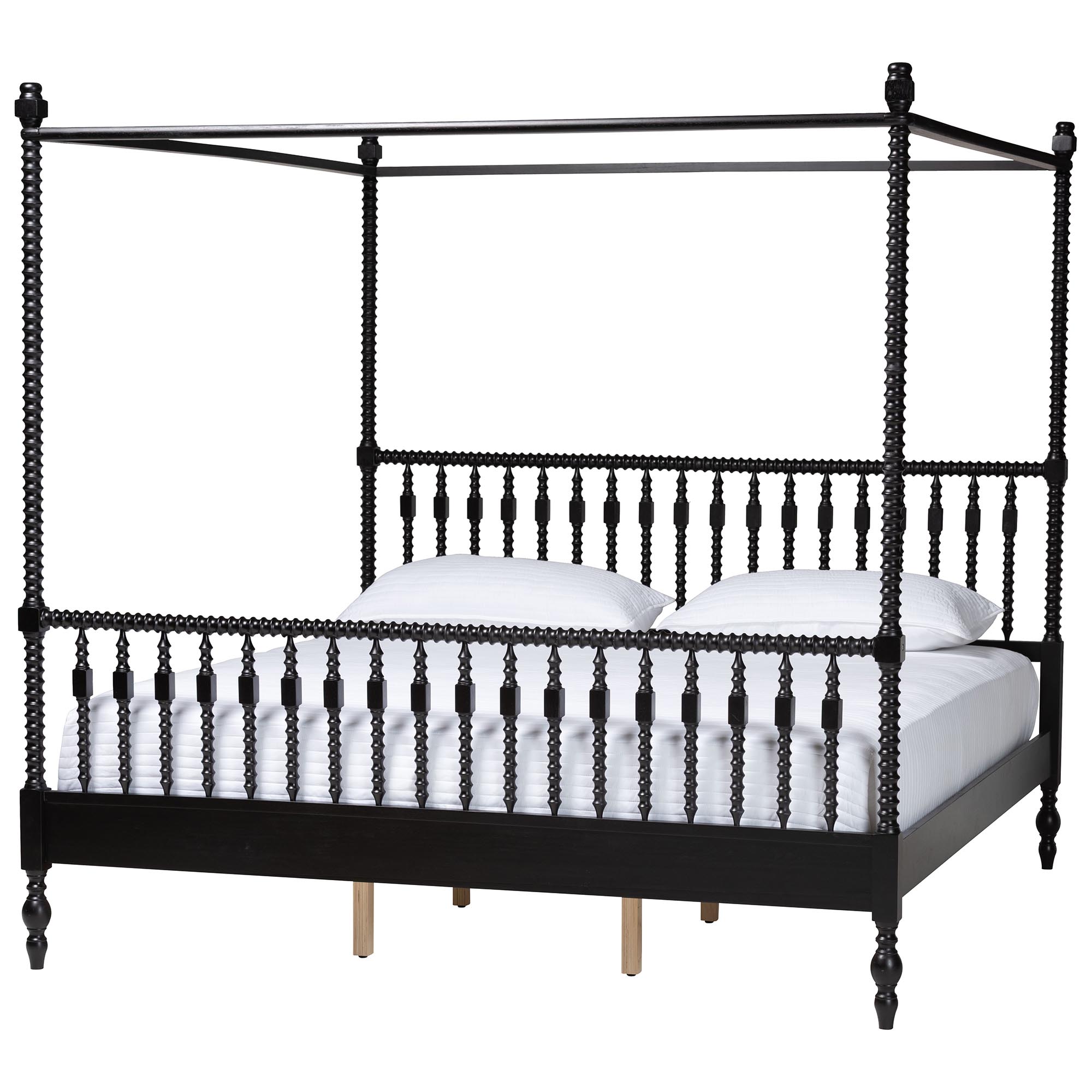 Baxton Studio Callison Spindle Canopy Bed - Turned Farmhouse Bed Frame with Spoked Headboard and Sculpted Legs, Black, King