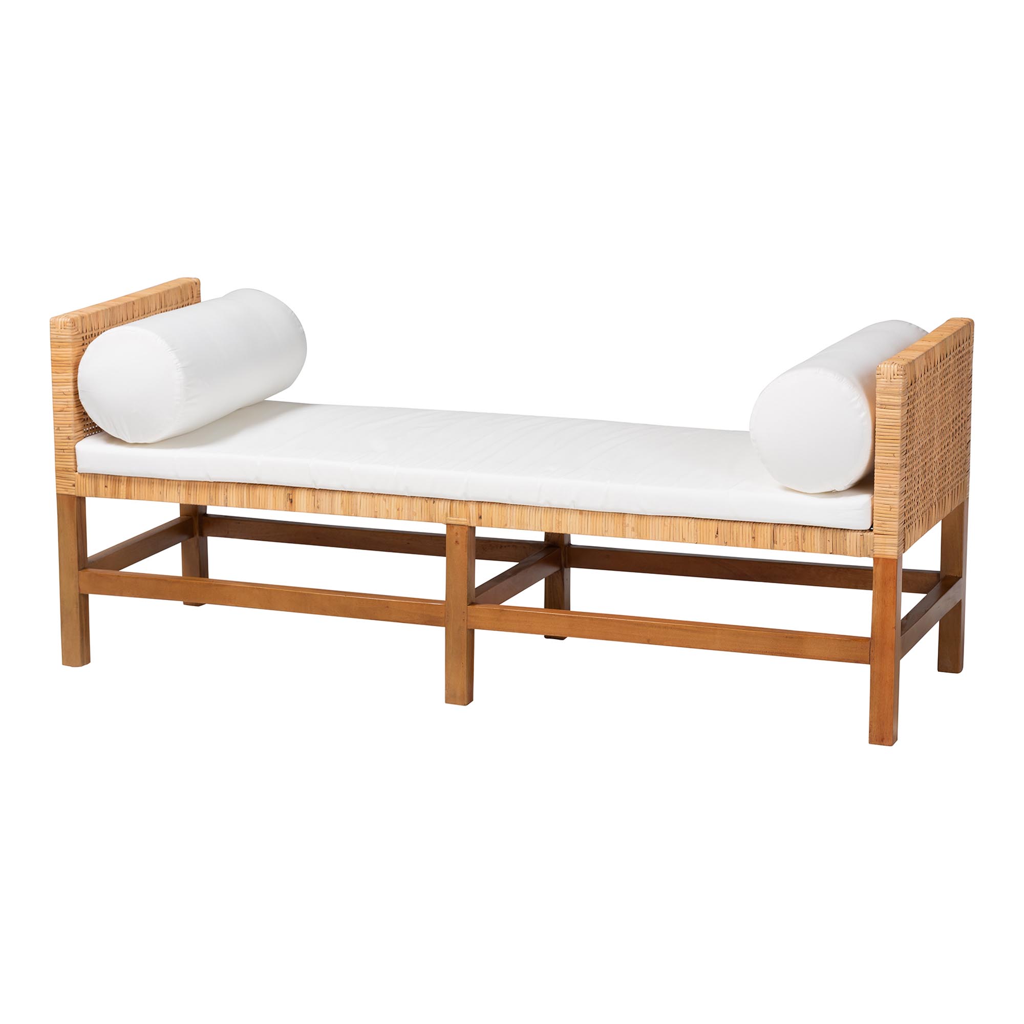 bali & pari Vivan Natural Rattan Bench - Handwoven Wicker Accent Seating with Cushion and Pillows, Backless