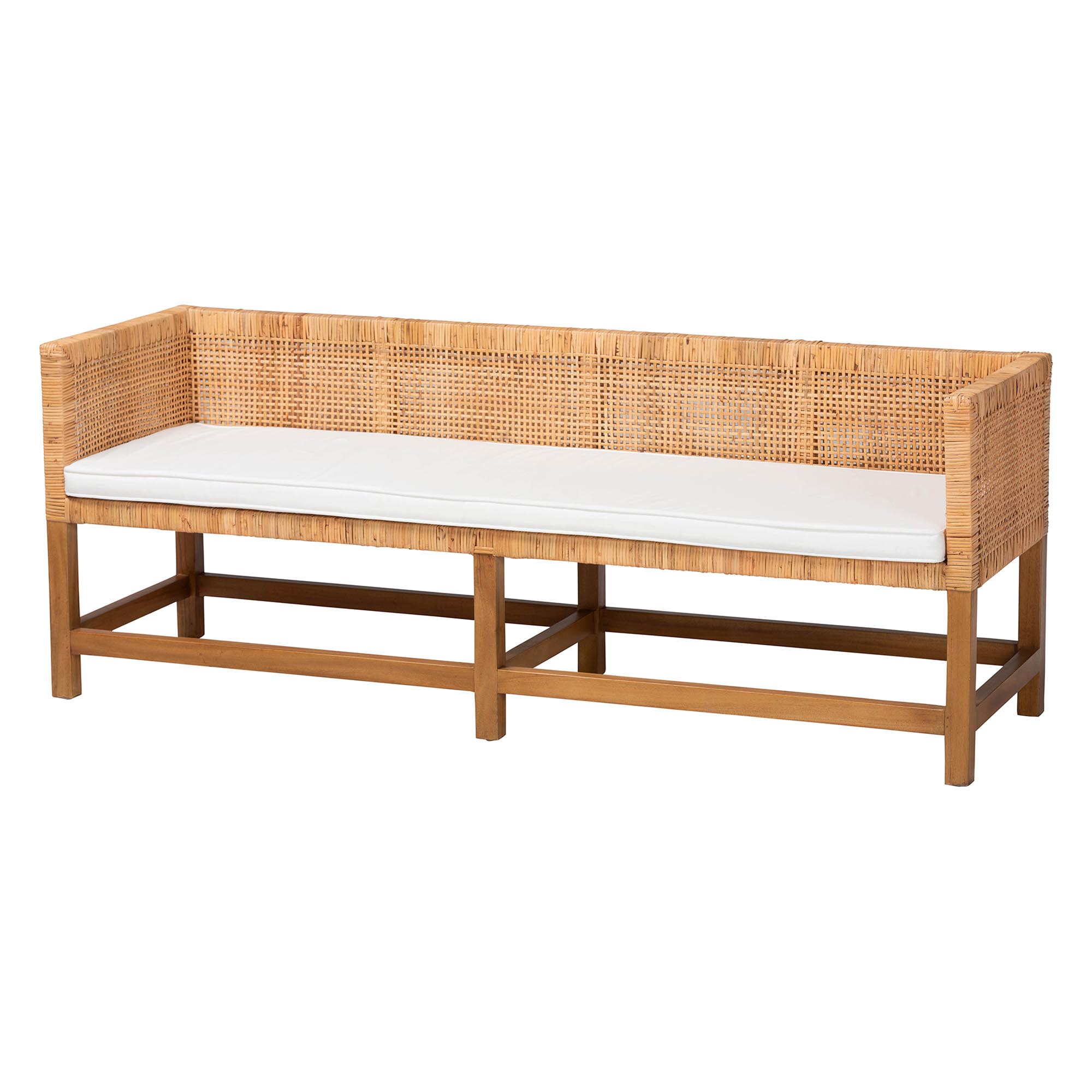 bali & pari Vivan Natural Rattan Bench - Handwoven Wicker Accent Seating with Cushion and Backrest