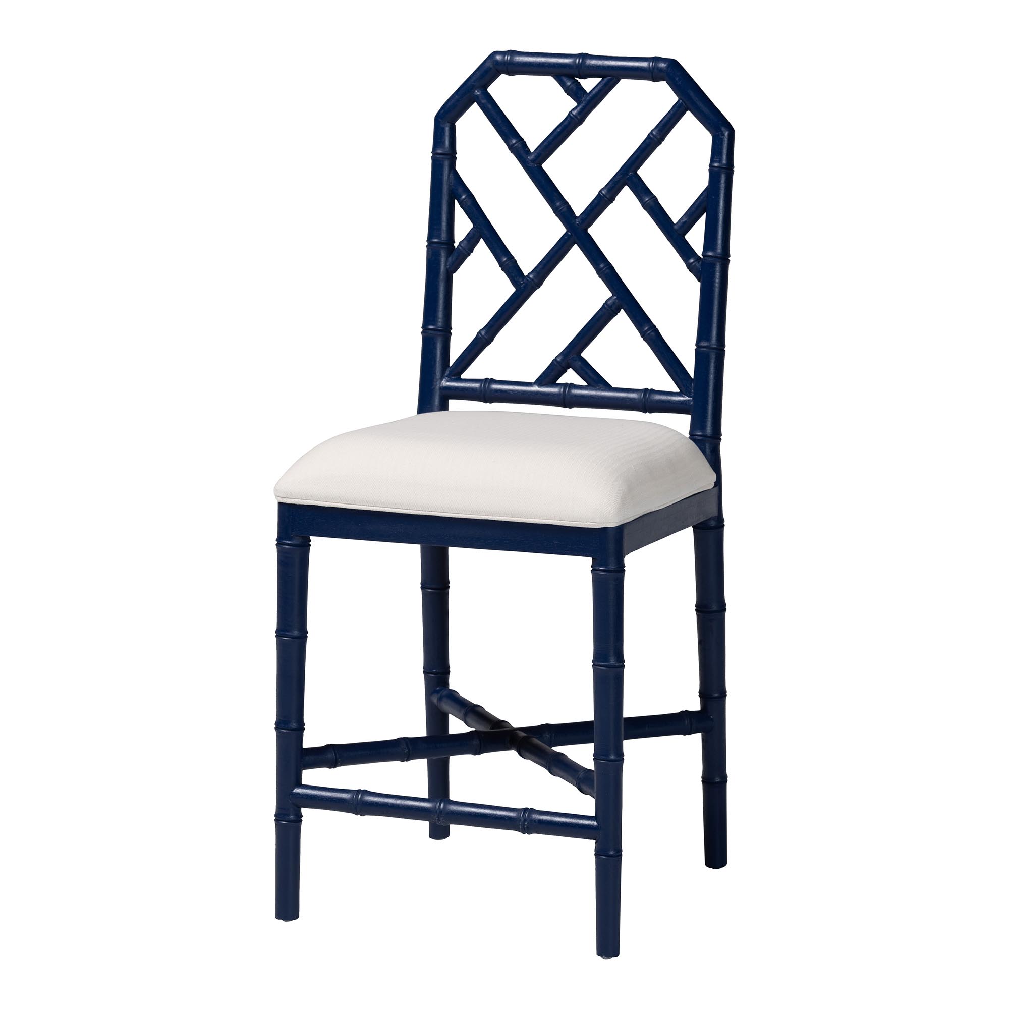 bali & pari Sergio Wood Counter Stool - Chippendale Kitchen Island Seating with Bamboo Motif and Upholstered Seat Cushion, Navy Blue