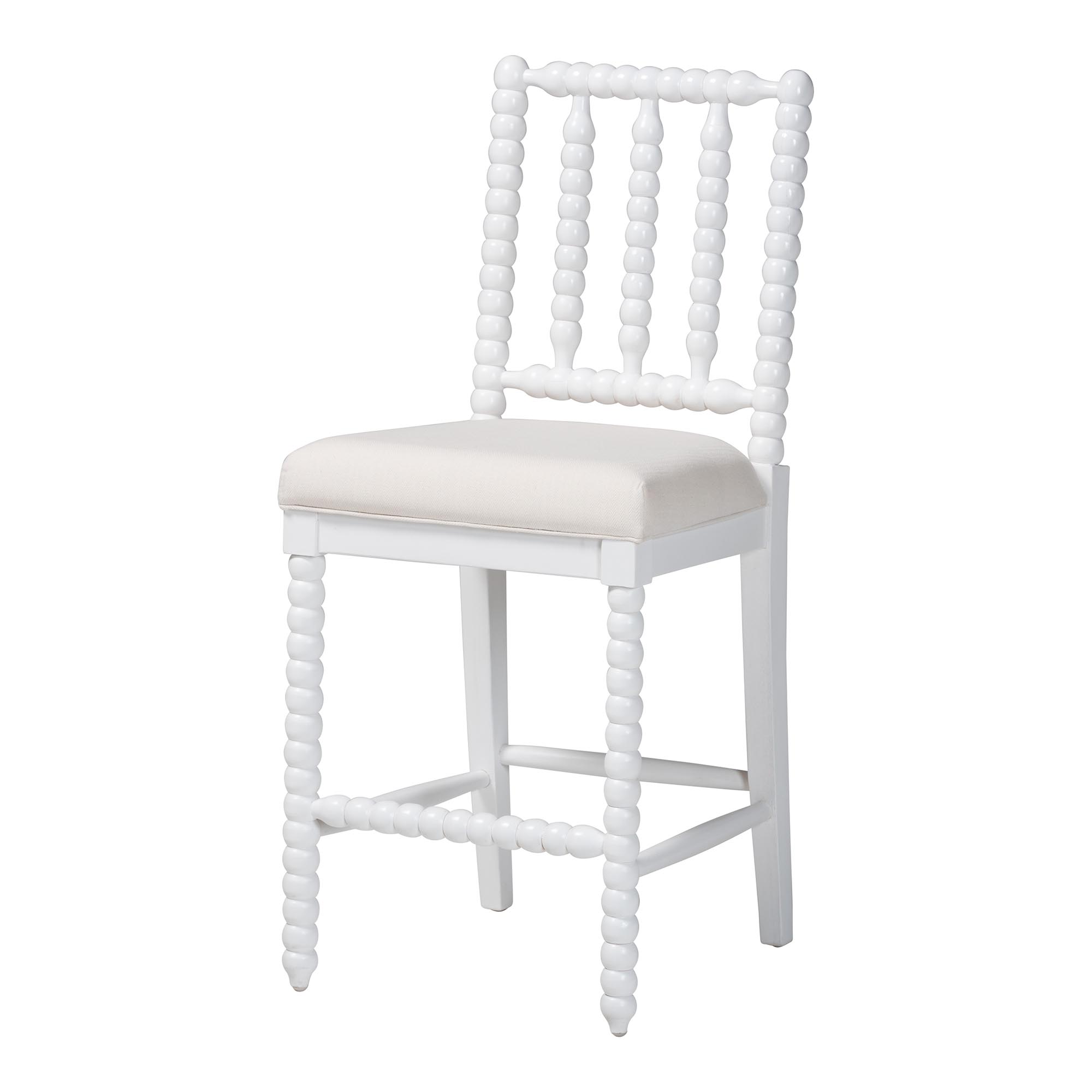 bali & pari Deya Bobbin Counter Stool - Sculptural Wood Kitchen Seating with Upholstered Seat and Spindle Back, White