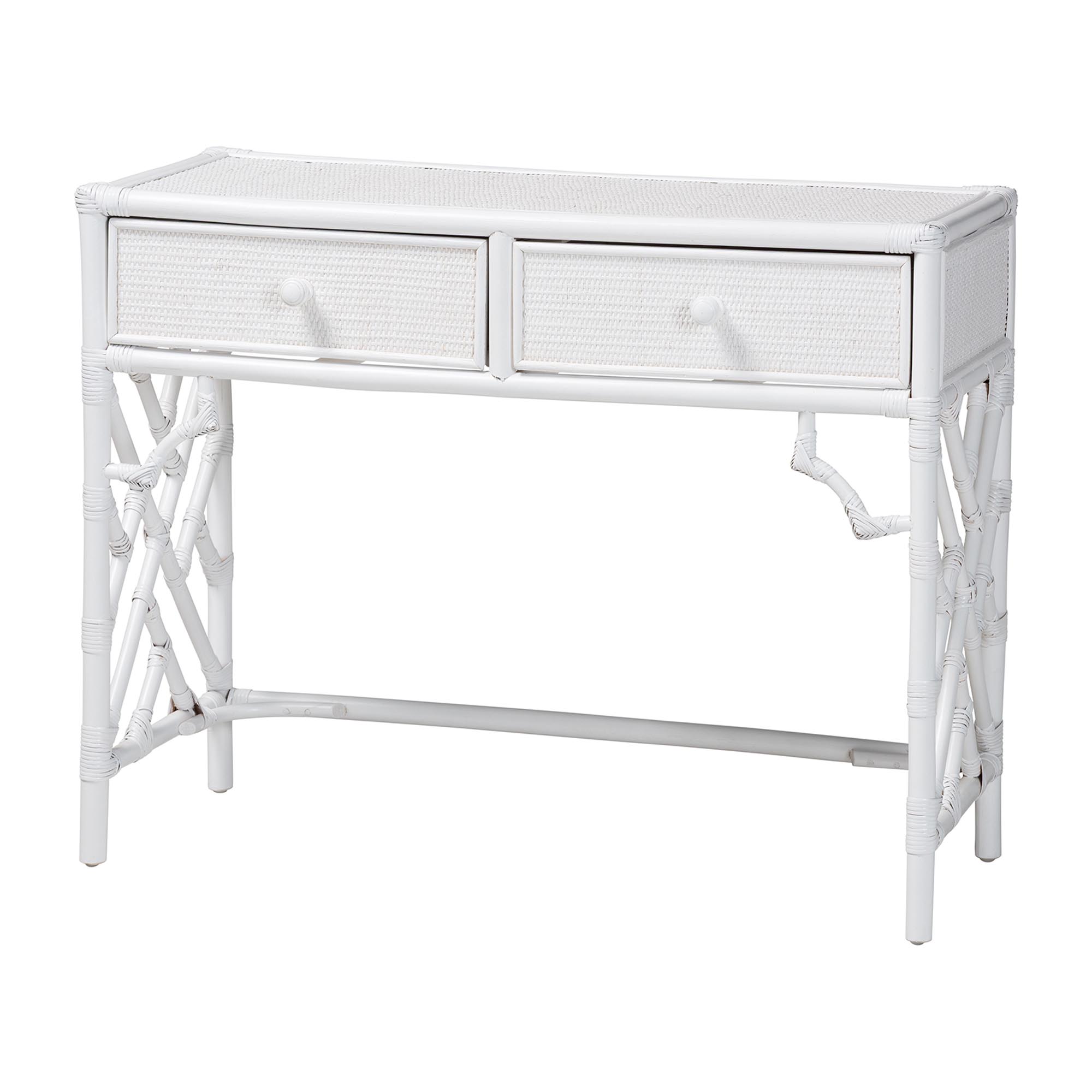 bali & pari Lindie Natural Rattan Writing Desk with Two Drawers, White