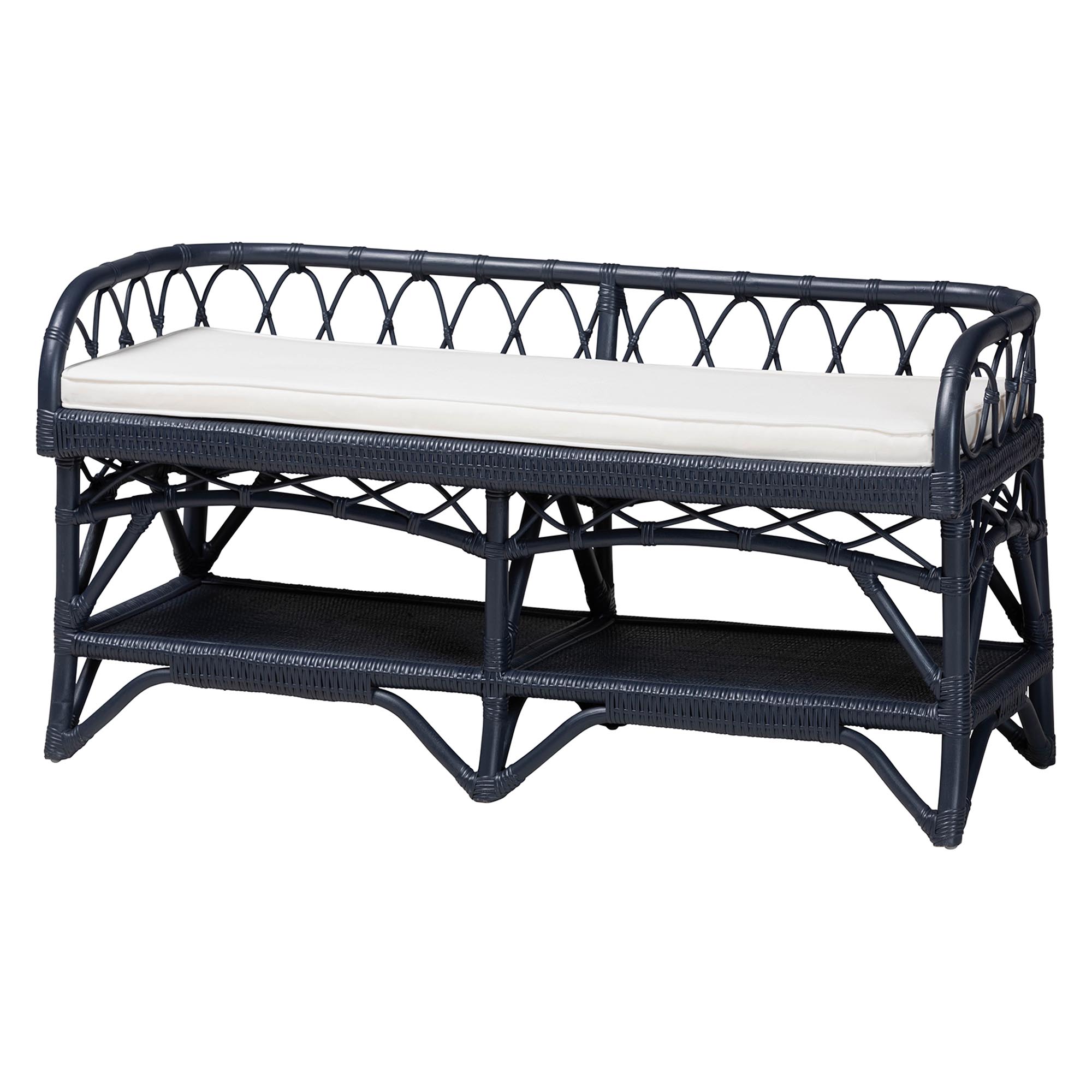bali & pari Leryn Natural Rattan Bench with Shelf, Navy Blue