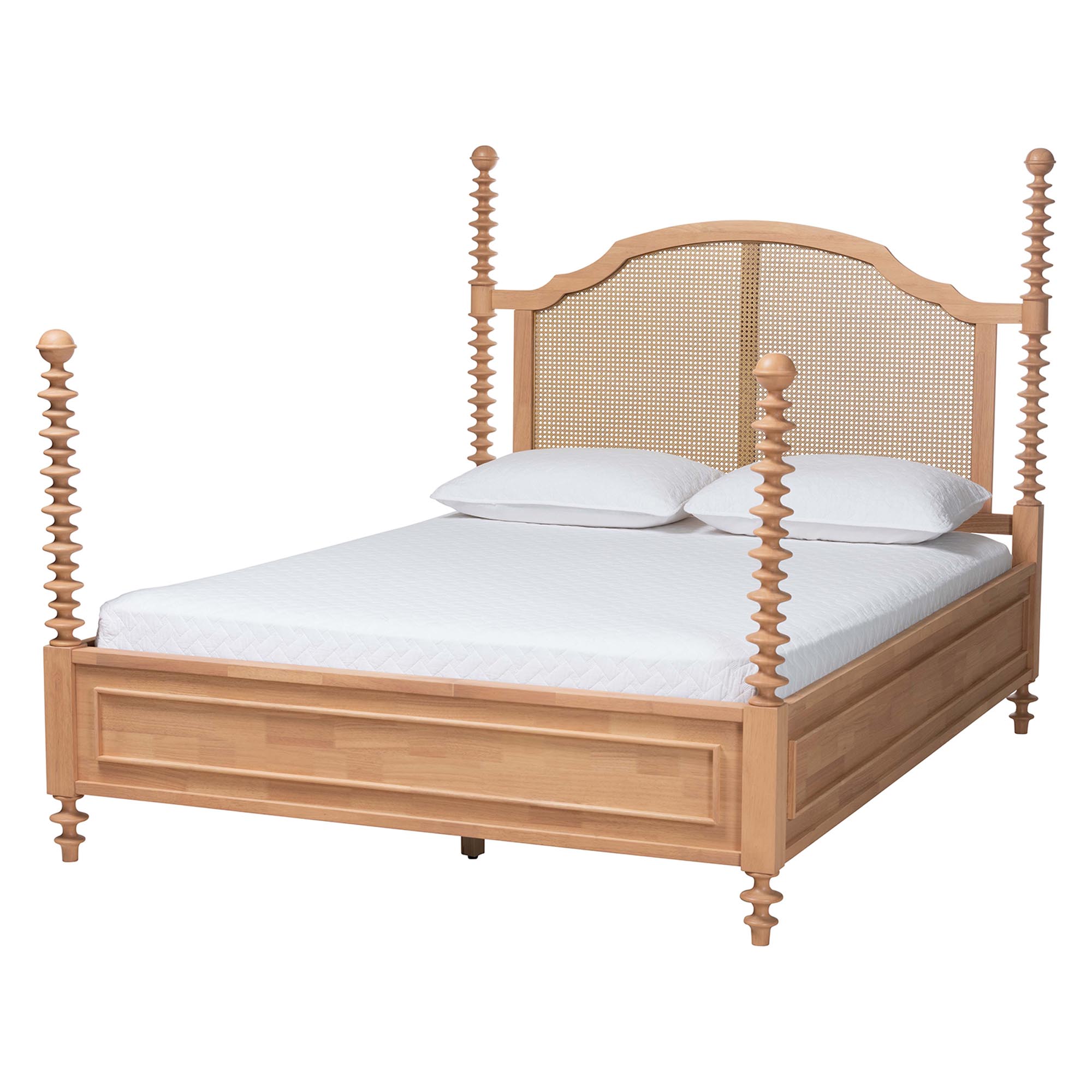 Baxton Studio Neviah Four Poster Bed with Woven Rattan Headboard, King, Beech Brown